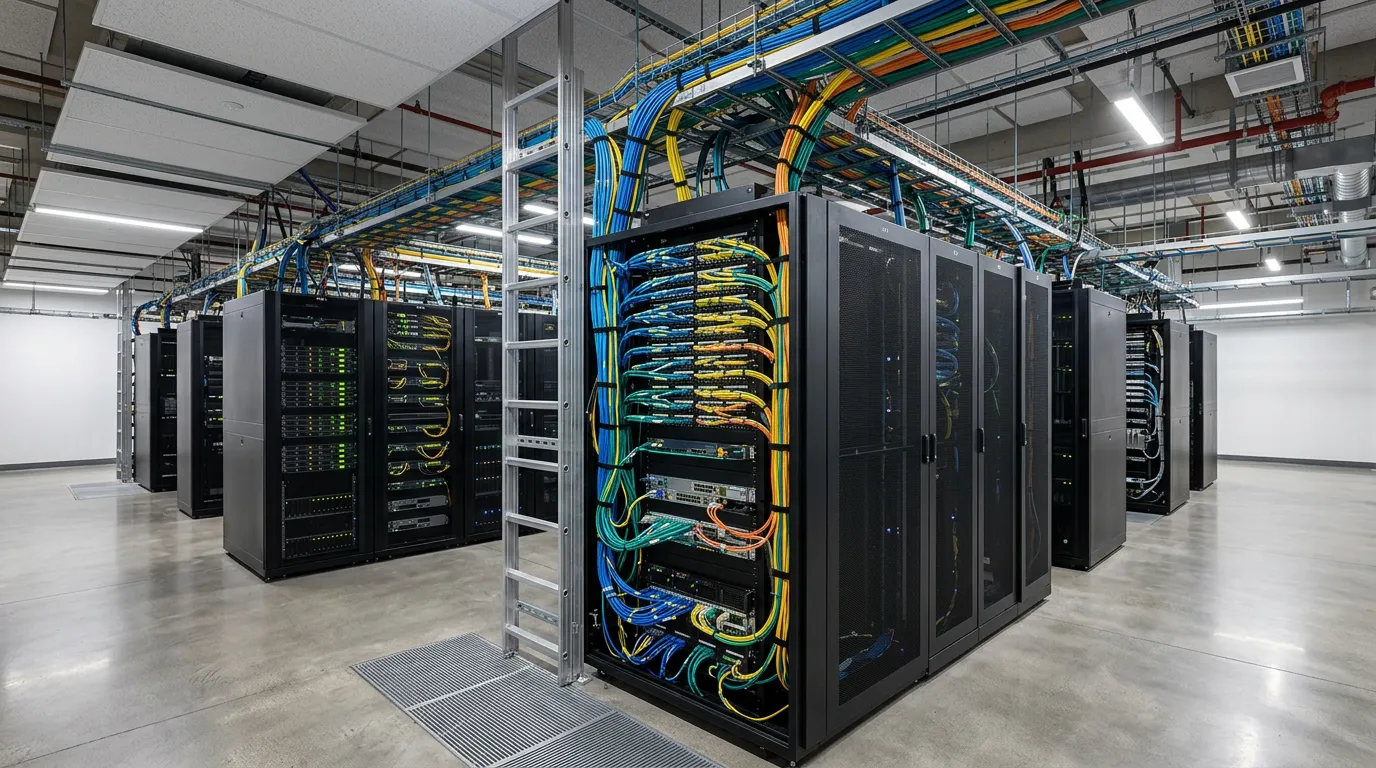 Modern tech workspace with computer servers and network cables, data center infrastructure, professional environment