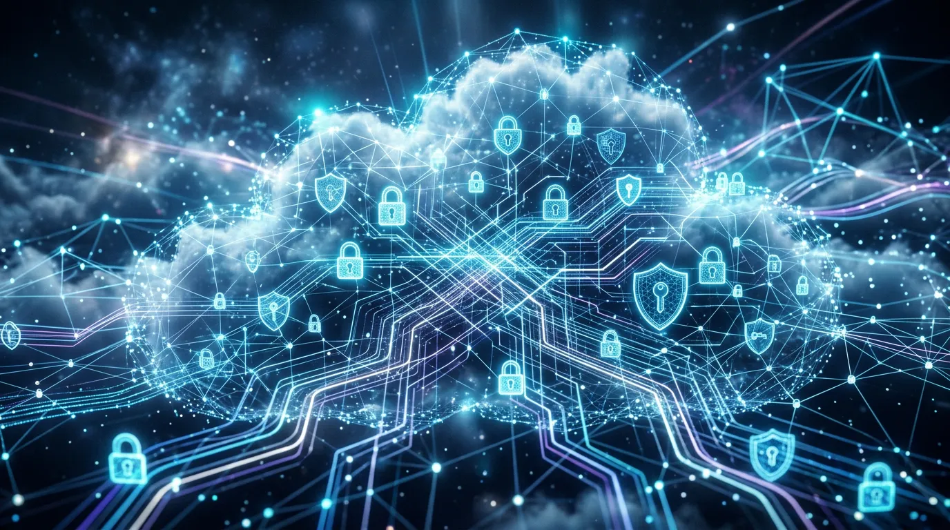 Abstract visualization of cloud computing with security lock symbols and digital protection, technology network concept