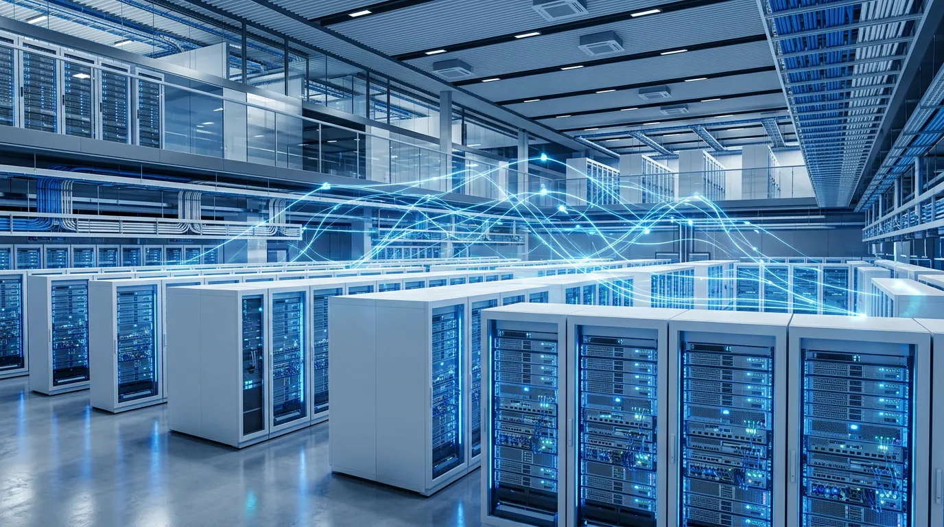 Cloud infrastructure visualization, multiple server instances or cloud storage representation, blue and white color palette, modern computing environment