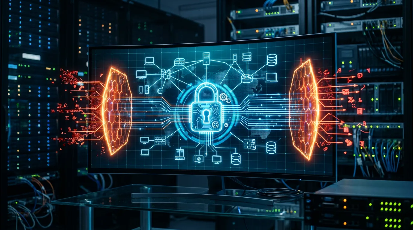 Cybersecurity protection concept with digital lock symbols, network security diagram, and firewall visualization