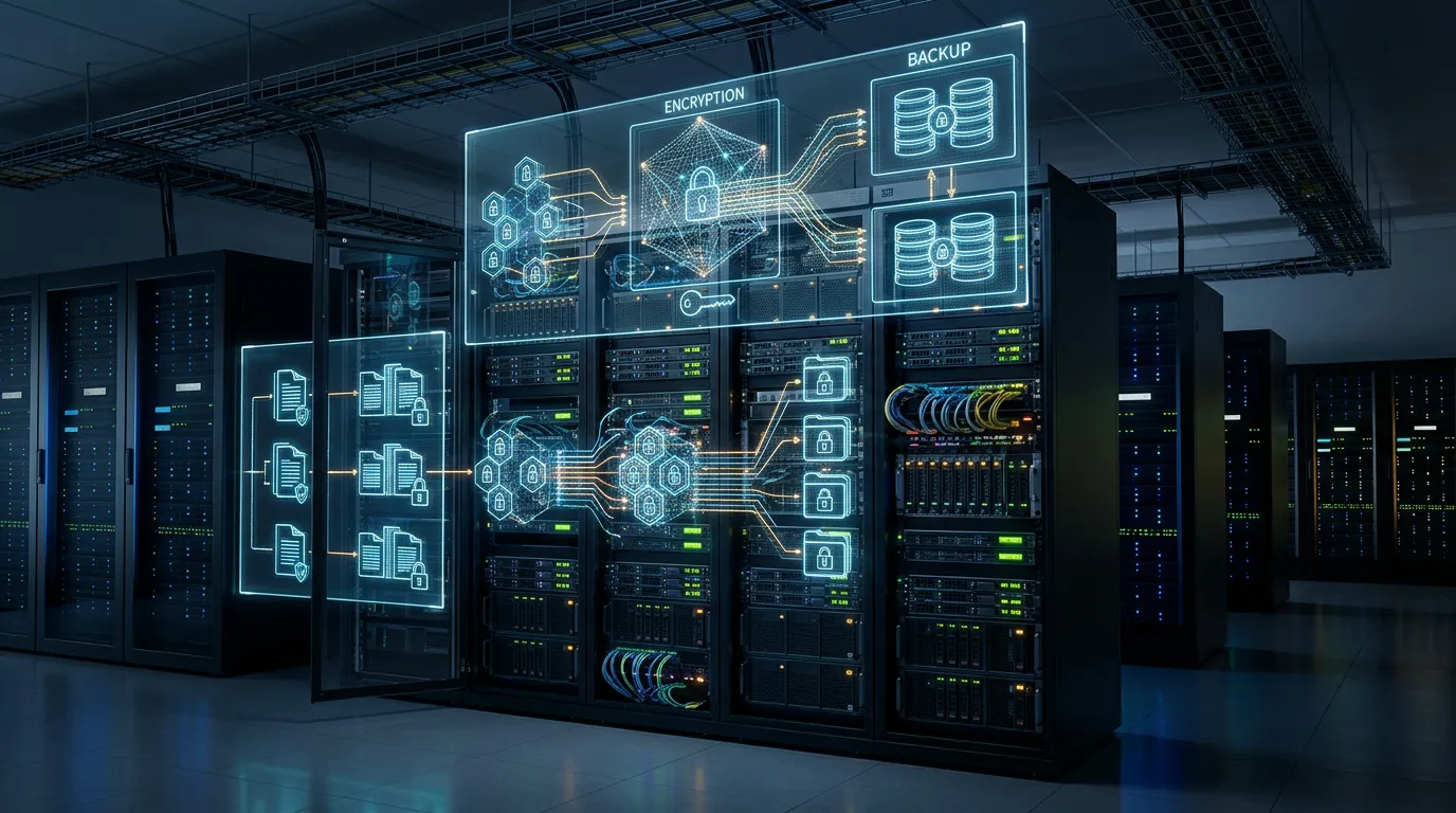 Secure data storage concept with encrypted digital files and backup systems, technology security visualization