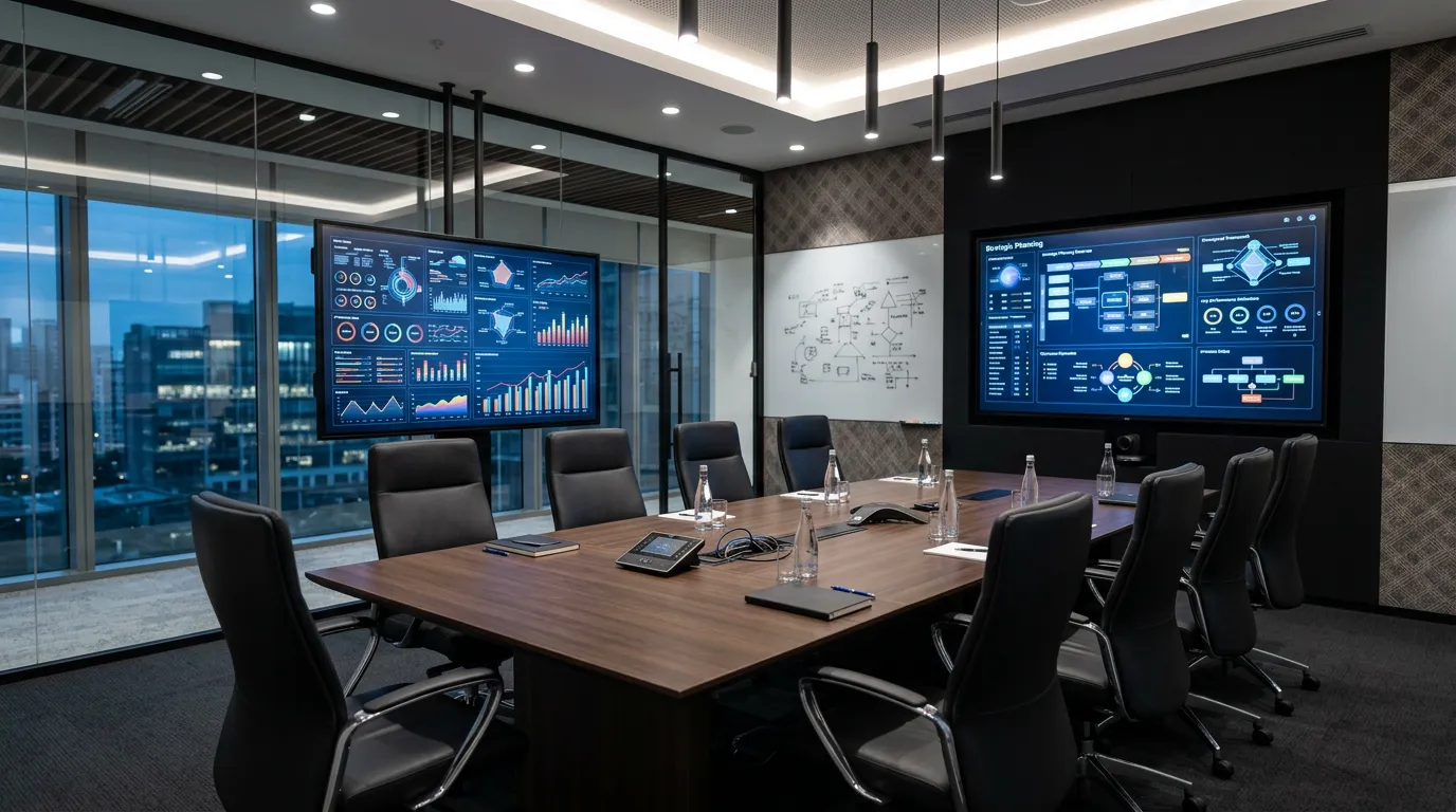 Professional business meeting room with technology displays and charts on screens, strategic planning visualization, modern corporate environment