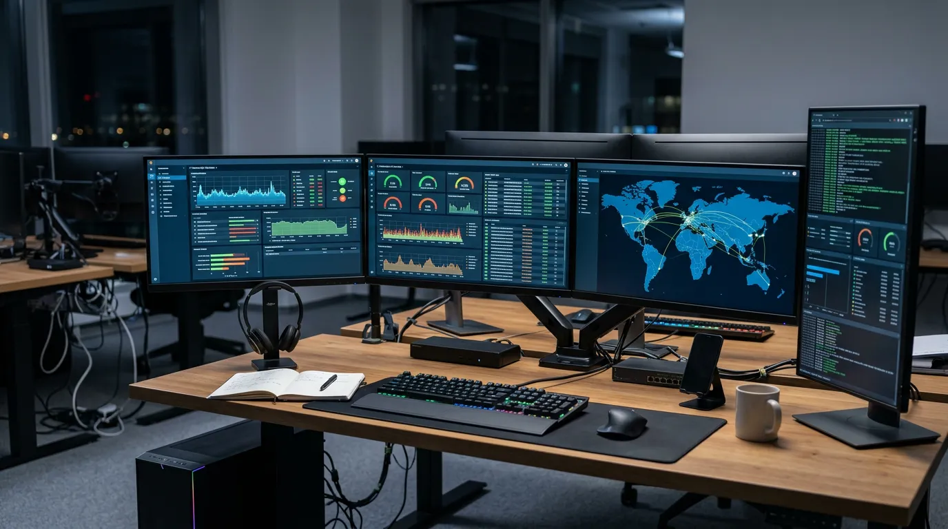 IT support technician workspace with multiple monitors showing system dashboards and performance metrics, digital screens