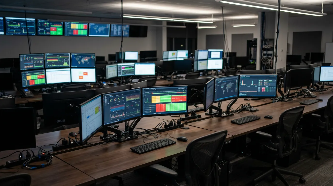 IT support operations center or helpdesk environment, multiple computer monitors showing system dashboards, technical monitoring displays, professional tech workspace