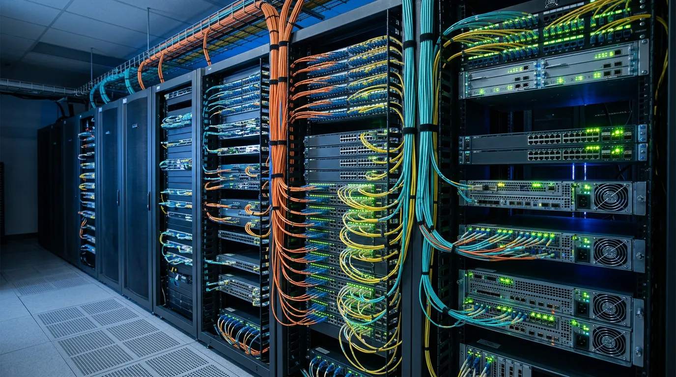 Network infrastructure visualization showing connected nodes and data flow, fiber optic cables and switching equipment
