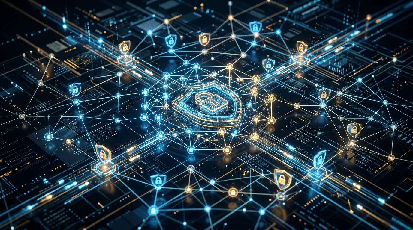 Cybersecurity concept visualization, network nodes with security indicators, shield or lock symbols, digital protection theme, abstract tech visualization