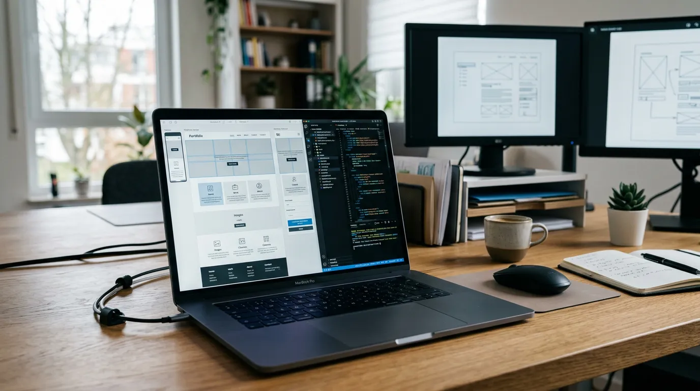 Professional workspace with laptop showing responsive web design layout on screen, development tools visible, clean organized desk